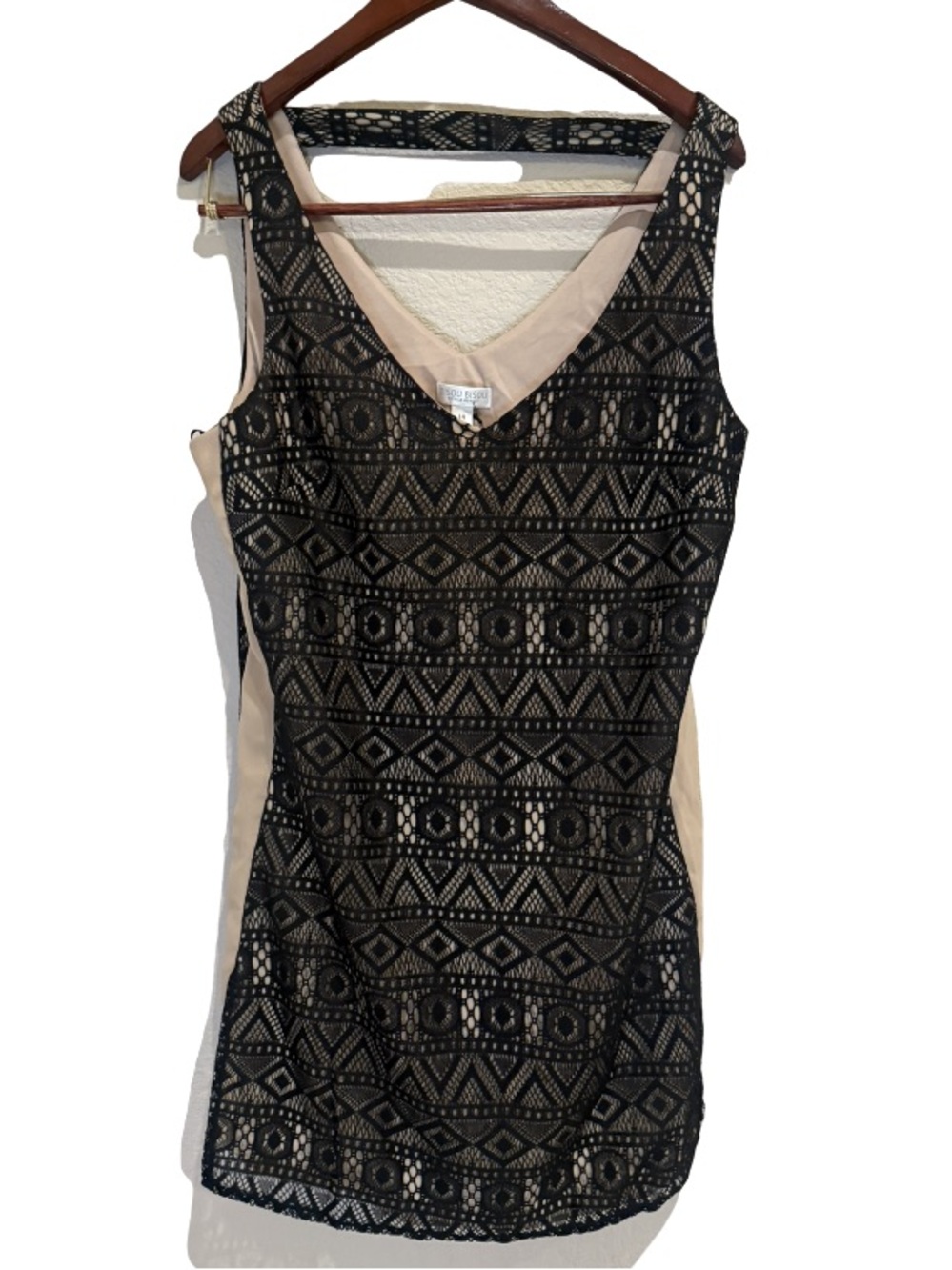 NWT Bisou Bisou Black Geometric Lace Dress 14 Laced Up Boho Vamp